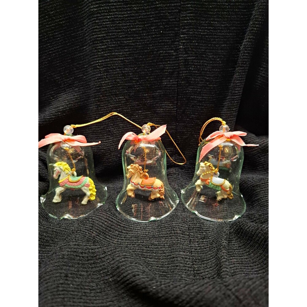 Vintage Clear Glass Bell Ornaments Carousel Horse Clapper Set 3 Christmas 3"